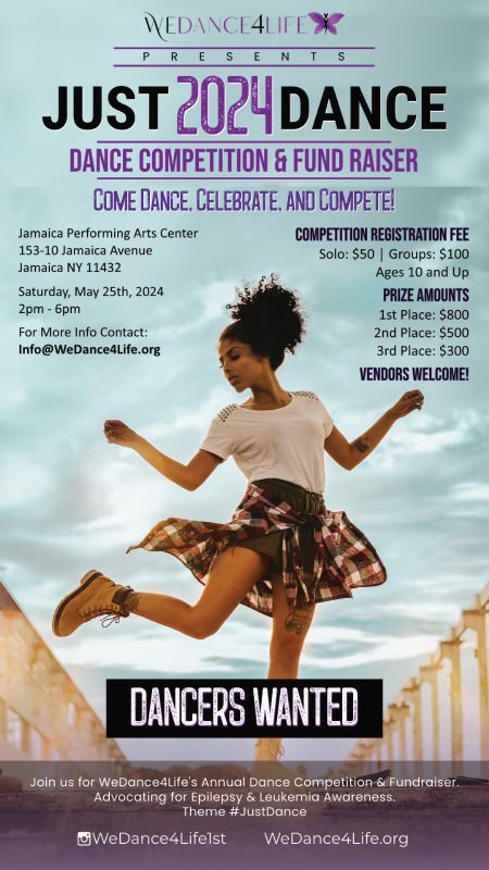 Flyer for the dance competition & fund raiser. In Jamaica Performing Arts Center.